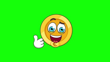 Thumbs-up euro gold coin cartoon loop animation on a green screen
