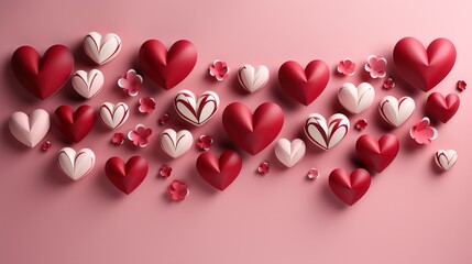 Red Hearts, 3D Paper Art Style, Pink Background, With Copy Space, Valentine Background, Paper Cut Background
