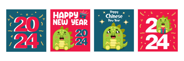 Happy new year cards set with dragon. Vector cute  illustrations with chinese horoscope symbol. Funny postcards with slogans lettering. Cartoon flat style Trendy new year 2024 design.