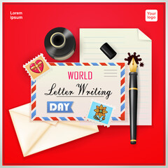 Letter envelope with fountain pen, ink and cute stamps. 3d vector suitable for business, design elements and World Letter Writing Day events