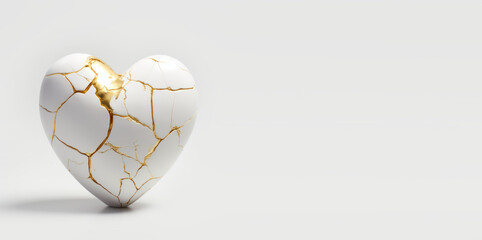 Kintsugi Upcycled white porcelain ceramic heart with golden cracks details. Kintsugi kintsukuroi golden repair is the Japanese art of repairing broken pottery - obrazy, fototapety, plakaty