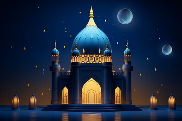 3d ramadan night banner template. Cute mosque and lantern displayed on stages with glowing light in the evening
