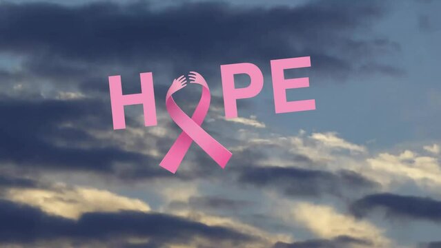 Animation of hope text with ribbon over silhouette of grass against cloudy sky