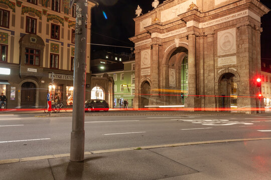 View of the Triumphpforte (Triumphal Arch, Arc de Triomphe) in the evening