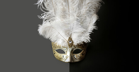 Gold tone Venetian carnival colombina mask with painted ornaments and majestic white feathers. Minimal composition - a mask on a half black half gray background