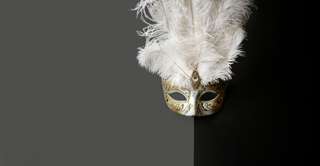 Gold tone Venetian carnival colombina mask with painted ornaments and majestic white feathers....