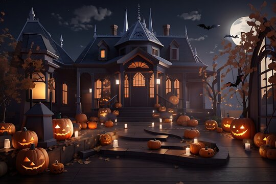 Halloween professional night 3D cartoon style pumpkin and mansion flyer portrait banner celebration design