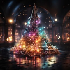Abstract Christmas tree in neon light painting style on a dark background with bokeh elements