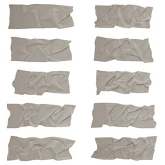 White scotch tape on white background, crumpled sticky tape, different sizes.