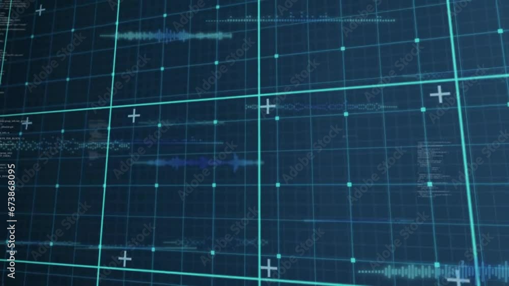 Poster animation of data processing over grid and dark background