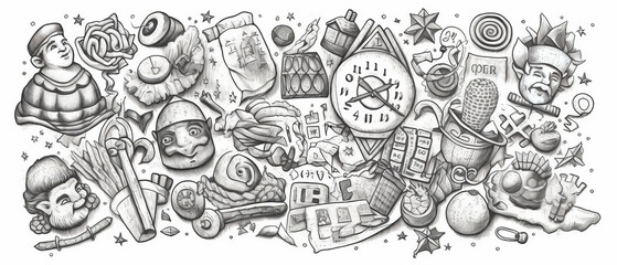 New Year themed lucky charms hand drawn line drawing illustration on white background generative ai