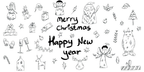 Outline christmas and new year hand drawn doodle, Santa, deer, gifts, bear, angels, bell, stars, snowflakes,candy, and more. Use for greeting cards, posters, icons, clip art, stickers, wrapping paper