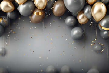 minimalist gray party background with a gray and golden ballons with empty copy space