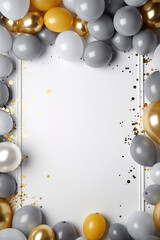 minimalist gray party background with a gray and golden ballons with empty copy space