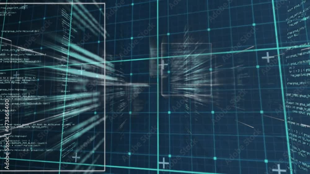 Poster animation of data processing over grid and dark background