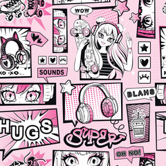 Abstract seamless pattern with anime girl, eyes, gamepad, headphones, skateboard, roller skates, speech bubble with text, hearts, stars sign. Teenager repeat print. Girlish fashion ornament.