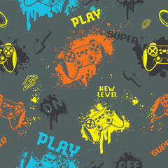 Abstract seamless gamepads pattern. Game pads repeat print on digital grey endless background. Digital Text Game over, Play. Gaming repeated wallpaper for boy clothes, sport textile, wrapping paper © Kseniia Koval