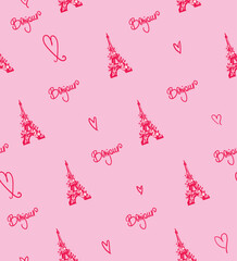 Abstract seamless Paris pattern with Eiffel tower and text Bonjour. Lettering ornament. © Kseniia Koval