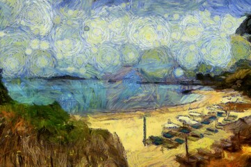 The island beach landscape is an impressionist style painting.