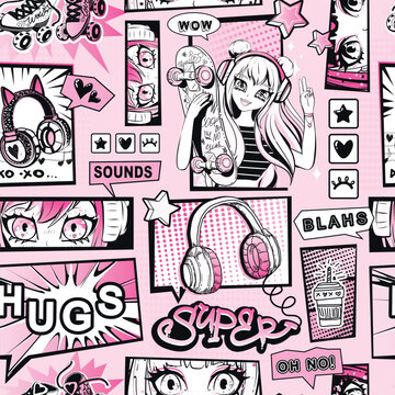 Abstract seamless pattern with anime girl, eyes, gamepad, headphones, skateboard, roller skates, speech bubble with text, hearts, stars sign. Teenager repeat print. Girlish fashion ornament.