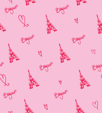 Abstract seamless Paris pattern with Eiffel tower and text Bonjour. Lettering ornament.