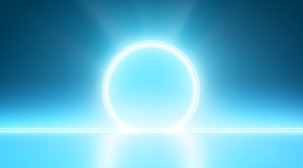 a minimalistic abstract background in soft light blue with a circular neon glow, ideal for product presentations