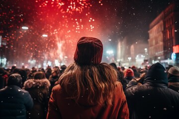 a girl in winter clothing is captured from behind, surrounded by the joyful crowd, New Year's Eve street celebration - obrazy, fototapety, plakaty