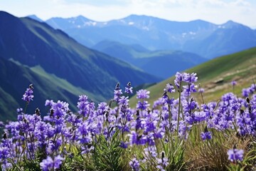 Purple wild flowers amidst mountain range. Generative AI