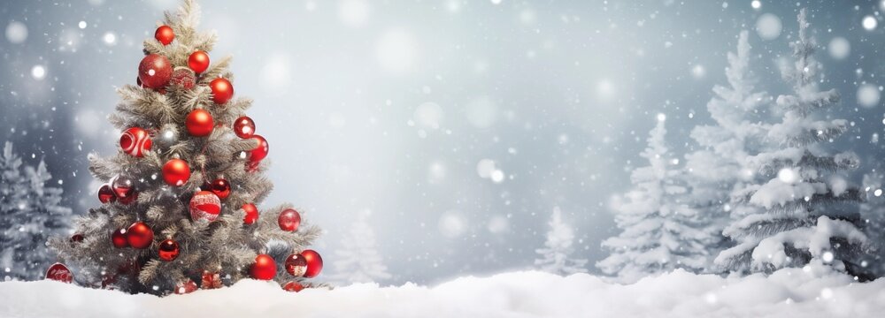 a beautiful festive christmas snowy background, complete with a christmas tree adorned with red balls, set in a snow-covered forest during a snowfall