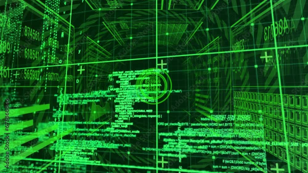 Poster animation of data processing over grid and dark background