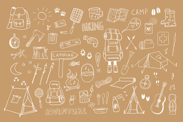 Trendy set of camping and hiking elements in doodle style. Picnic, travel accessories, equipment. Travel design. Hand drawn vector illustration. Great for prints, poster. Isolated on beige background