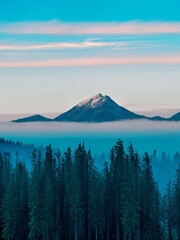 Fototapeta premium Mountain landscape on a lake with trees, rustic lakefront house.