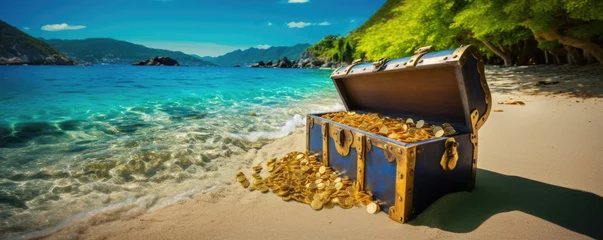 Fotobehang treasure chest on tropical paradise beach landscape © krissikunterbunt