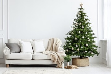 Cozy minimalistic stylish living room in pastel color with sofa, pillows and plaid. Natural christmas tree decorated with balls and star, gift boxes, new year's eco decor 