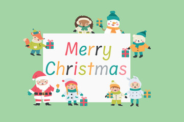 Cute xmas background with cartoon characters