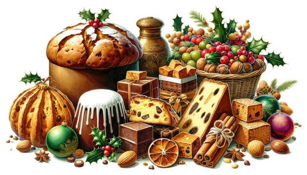 Traditional Italian Christmas specialties in watercolor, featuring Panettone, Torrone, and Pandoro with holly and mistletoe on a white background.