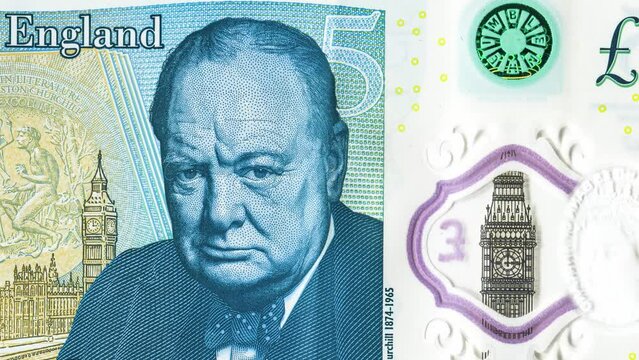 British five pounds sterling banknote. Portrait of Sir Winston Churchill, Prime Minister of the United Kingdom