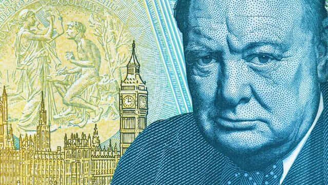 British five pounds sterling banknote. Portrait of Sir Winston Churchill, Prime Minister of the United Kingdom