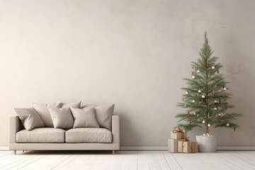 Modern minimalistic stylish living room in beige color with sofa and pillows. Сhristmas tree decorated with decorations, gift boxes, new year's eco decor 