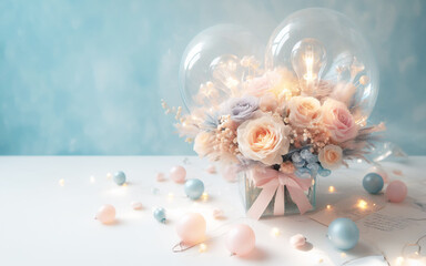 Bouquet of flowers with clear balloons and lights on a pastel colored background Festival decorations and gifts