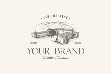 Naklejka premium hotel building illustration logo with an eagle's eye view, classic vintage style