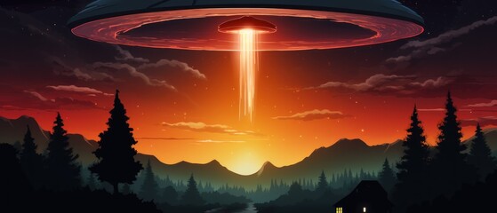 UFO flying over the forest. Flying saucer over the valley. Flying Saucer Abducting Concept. UFO Abducts. Extraterrestrial Life Concept. - obrazy, fototapety, plakaty