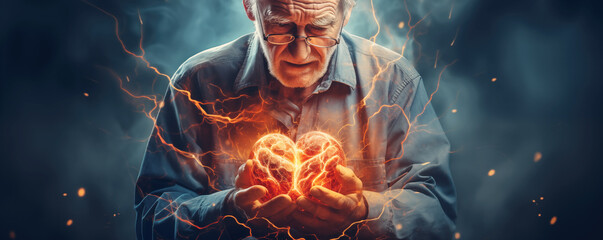 Abstract background of an old man experiencing heart pain. - obrazy, fototapety, plakaty