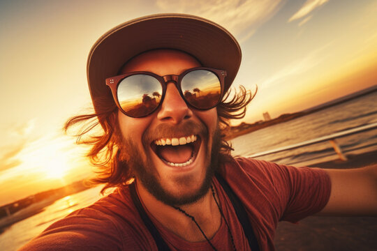 Happy tourist taking selfie at sunset