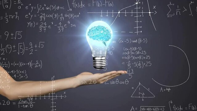 Animation of light bulb with brain over woman's hand and mathematical data processing