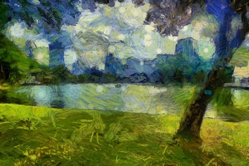 The landscape of the big city park is an impressionist style painting.