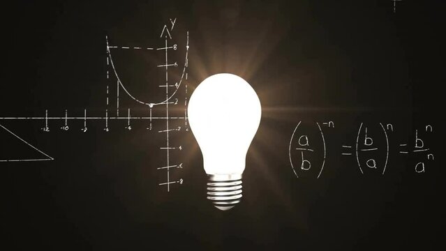 Animation of lit light bulb over mathematical data processing