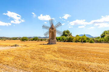 Windmühle auf Feld bei Montuïri auf Mallorca - obrazy, fototapety, plakaty