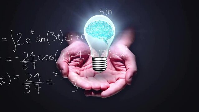 Animation of light bulb with brain over woman's hands and mathematical data processing