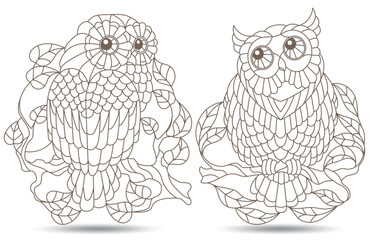 Set of contour illustrations with a cute owls on a branches, dark contours on white background